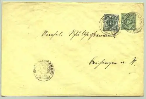 ()  Briefkuvert mit eingedruckter grüner 5 Pf.-Post-Frei-Marke (Ganzsache), daneben 5 Pf.-Briefmarke, abgestempelt "Burgstall O. A. Marbach, 23. Jan. 1895". Mit Zusatzstempel 'Schultheissen-Amt Burgstall". Rückseite Ankunftsstempel Beihingen....