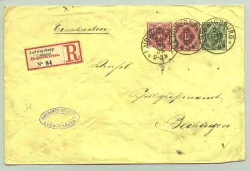 Ludwigsburg 1895 (intern : )  Briefkuvert mit eingedruckter grüner 5 Pf.-Post-Frei-Marke (Ganzsache), daneben 1 Paar rote 10Pf.-Marken (1 Marke etwas beschädigt), abgestempelt "Ludwigsburg 26. Jan. 1895". Mit Einschreibe-Aufkleber (Lwg....