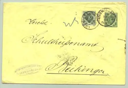 Briefkuvert Ludwigsburg 1894 (intern : ) Briefkuvert mit eingedruckter grüner 5 Pf.-Post-Frei-Marke (Ganzsache), daneben 5 Pf.-Briefmarke, abgestempelt "Ludwigsburg 24. Nov. 1894". Mit violett ovalem Absenderstempel "Schultheissenamt...