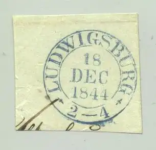 (1020345-71640) Heimatbeleg / Ludwigsburg. Kleiner Briefausschnitt (ca. 42 x 40 mm) mit klarem, grossen Stempel : 'Ludwigsburg 18 Dec 1844. Eventuell Für Heimatsammler interessant ?