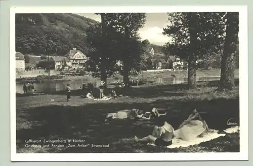 (-69439) Ansichtskarte. "Zwingenberg / Gasthaus Zum Anker / Strandbad". Postalisch nicht gelaufen, vermutlich um 1950 ? 