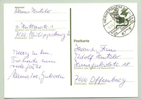 (1021389) Postkarte mit Sonderstempel von GERMERSHEIM 1976. PLZ-Bereich pauschal 76726. 