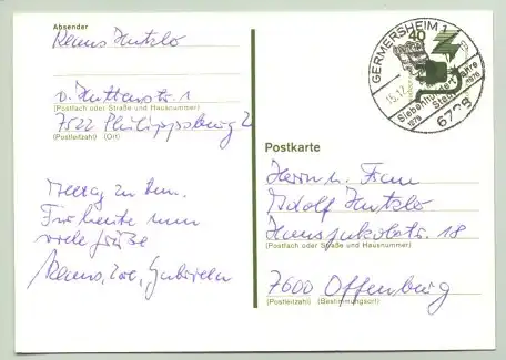 () Postkarte mit Sonderstempel von GERMERSHEIM 1976. PLZ-Bereich pauschal 76726. 