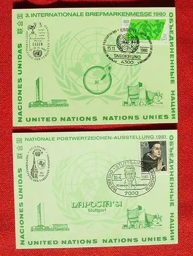 () Nationale Postwertzeichen-Ausstellung 1981 - Stuttgart. 3. internationale Briefmarkenmesse 1980 - Essen.  2 x UNO Sonder-PK 1980/ 81 