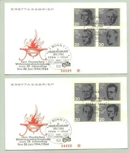 (intern : )  2x FDC Widerstands 1964. Zwei Ersttagsbriefe mit je 4 zusammenhängenden Gedenk-Briefmarken von 1964 : Widerstandskämpfer. Jahrestag 20. 7. 1944 - 1964. Mit Sonderstempel.