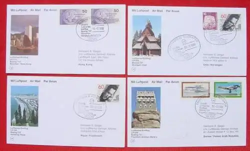 (int ) 4 x herrliche Bild-Postkarten zu verschiedenen Lufthansa-Erstflug 1986. Mit schönen Sonderstempeln zu Lufthansa Erstflügen nebst  rückseitigen Ankunftsstempeln. Hong Kong / Sanaa - Yemen / Nizza / Oslo.