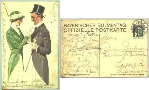 () Alte Künstler-Postkarte. "Bayerischer Blumentag - Offizielle Postkarte". Originalentwurf : L. Hohlwein. Mit eingedrucktem Briefmarkenwert (Ganzsache). Beschrieben, postalisch gelaufen 1913. Etwas mehr gebraucht.