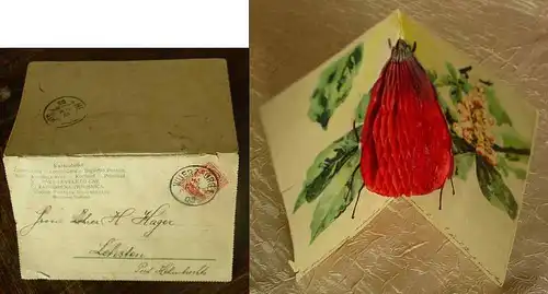 (1016369) Kartenbrief mit Käfer-Mechanik 1905. Beim aufklappen des Kartenbriefes oeffnet sich ein roter Kaefer aus Papierwaben