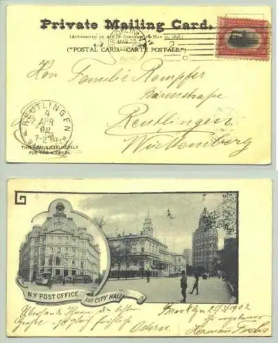 NEU : Versandkosten ab 1 Euro BRD/ ab 2 Euro USA. (intern ) : Sehr schöne, alte Ansichtskarte "New York. Post Office and City Hall". Beschrieben u. postalisch gelaufen mit Marke u. Stempel von 1902. 