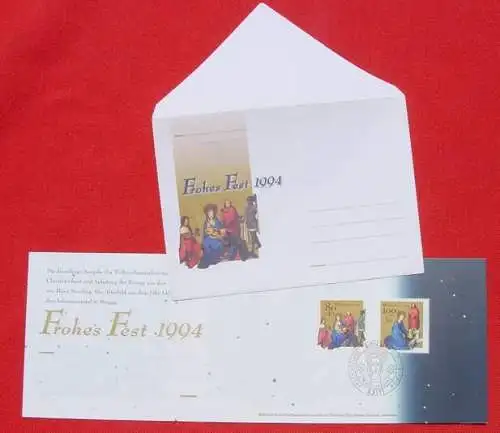 Weihnachten 1994 (int : ) Herrliche Faltkarte mit 2 Sondermarken nebst Sonderstempeln von 1994. Mit Briefumschlag.