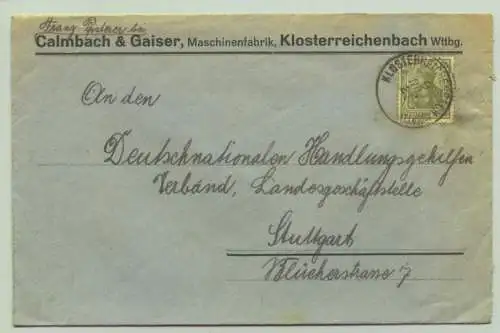 () Altes Briefkuvert "Klosterreichenbach / Fa. Calmbach & Gaiser ...." nebst Briefmarke u. Stempel von 1921. Interessant füuer AK-Sammler ? PLZ-Bereich pauschal 72270. # BudiPhilaBelege