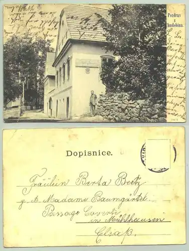 () Alte Ansichtskarte. Pozdrav z. Chudobina. Tschechien. Beschrieben u. postalisch gelaufen, Marke gelöst, um 1910 ? Gebrauchsspuren.     