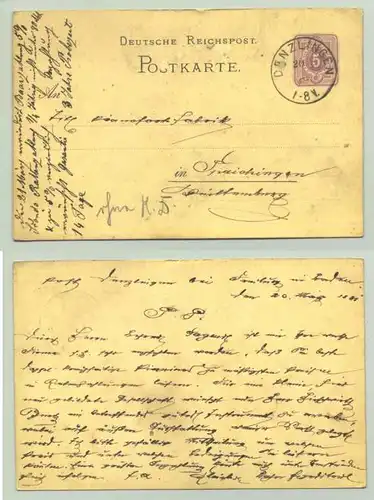 (1022149) Etwas mehr gebrauchte Postkarte von 1881. Absender u. Stempel von Denzingen. (79211)