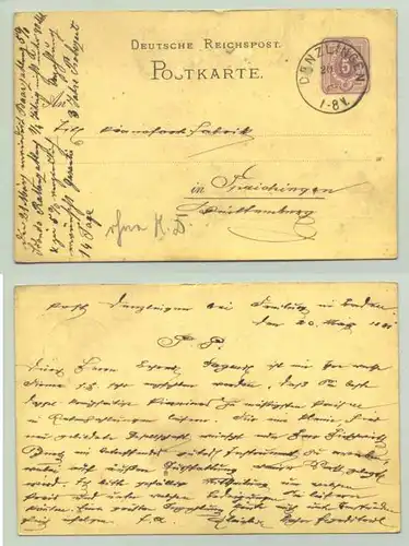 () Etwas mehr gebrauchte Postkarte von 1881. Absender u. Stempel von Denzingen. (79211)