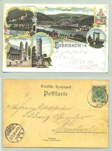 (69412-021) Ansichtskarte. "Gruss aus Eberbach a. N." Herrliches Litho. Beschrieben u. postalisch gelaufen mit Marke nebst Stempel v. 1898