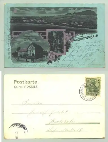  (69429-031DC) Waldkatzenbach 1905 Ansichtskarte. "Gruss aus Waldkatzenbach". Dunkel-gruen-blaue Mondscheinkarte