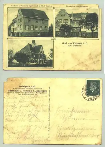 (69429-021) Ansichtskarte. "Gruss aus Weisbach i. O. - Amt Mosbach". Gasthaus u. Pension z. Jaegerheim,