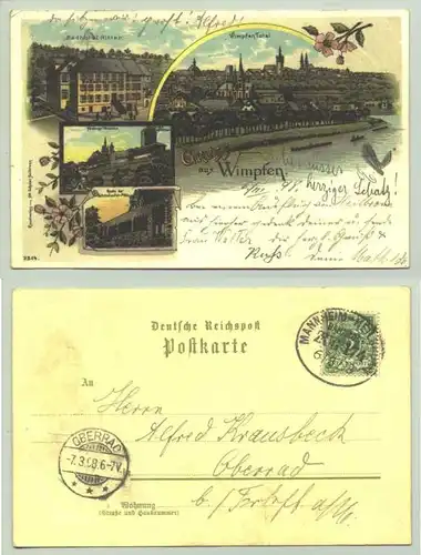 (74206-021) Ansichtskarte. "Gruss aus Wimpfen". Beschrieben u. postalisch gelaufen mit Marke u. Bahnpoststempel v. 6.3.1898
