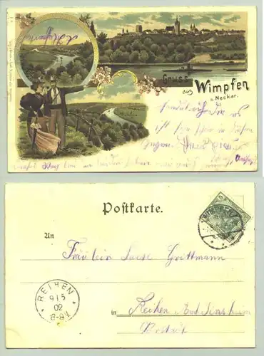 (74206-011) Ansichtskarte. Gruss aus Wimpfen a. Neckar. Beschrieben u. postalisch gelaufen mit Marke u. Stempel v. 1902
