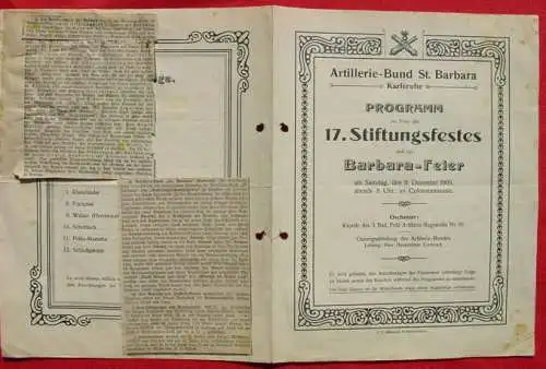 Neu + gültig : Versandkosten ab Euro 2,50 (intern ) Artillerie-Bund Karlsruhe 1909 : Vierseitiges Programm mit montierten Zeitungsausschnitten zur Feier des 17. Stiftungsfestes Artillerie-Bund St. Barbara Karlsruhe und Barbara-Feier 11.12.1909...
