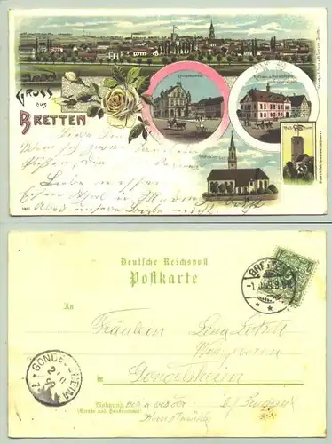 (75015-041) Ansichtskarte. "Gruss aus Bretten". Beschrieben u. postalisch gelaufen mit Marke u. Stempel von 1899