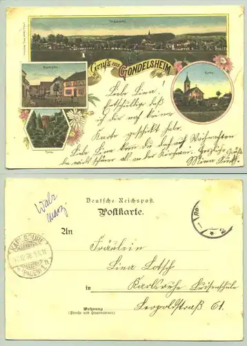 (75053-011) Ansichtskarte. "Gruss aus Gondelsheim". Beschrieben u. postalisch gelaufen (Marke geloest) mit Stempel von 1898