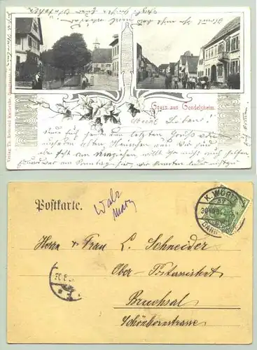 (75053-021) Ansichtskarte. "Gruss aus Gondelsheim". Beschrieben u. postalisch gelaufen mit Marke u. Stempel von 1904