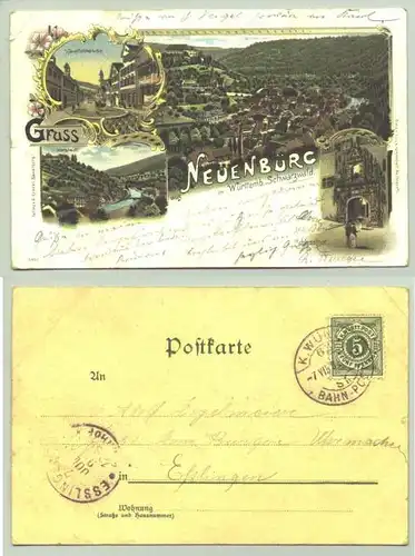(75305-011) Ansichtskarte. "Gruss aus Neuenbürg im württemb. Schwarzwald". Beschrieben u. postalisch gelaufen mit Marke u. Stempel von 1898