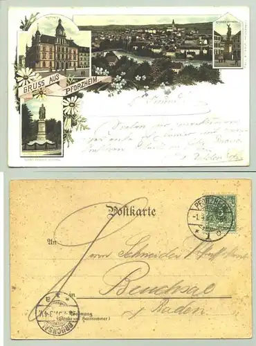 (75177-021) Ansichtskarte. "Gruss aus Pforzheim". Beschrieben u. postalisch gelaufen mit Marke u. Stempel von 1897