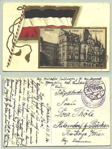 (75177-051) Ansichtskarte. "Pforzheim - Saalbau - z. Z. Militaerlazarett". 1918. Herrliche Prägedruck-Karte