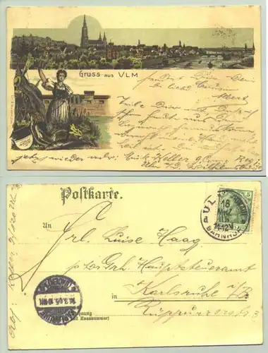 (89079-051) Ansichtskarte. "Gruss aus Ulm". Beschrieben u. postalisch gelaufen mit Marke u. Stempel v. 1905