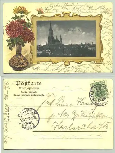 (89079-071) Ansichtskarte. "Ulm a. D." Total in gold. Praegedruck-Rahmen. Beschrieben u. postalisch gelaufen mit Marke u. Stempel v. 1905