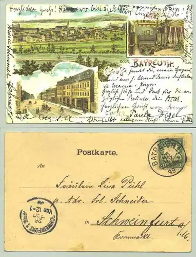 (95444-011) Ansichtskarte. "Gruss aus Bayreuth". 1899 (Wagner's Concertsaal, Hotel Sonne u. Strassenidyll, Panorama)