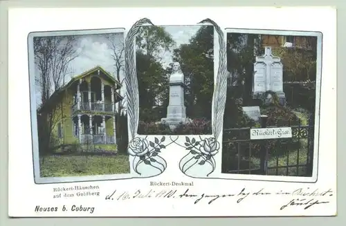 (96450-021) Ansichtskarte. 1910. "Neuses b. Coburg". (Rueckert-Haeuschen, Denkmal, Grab.)