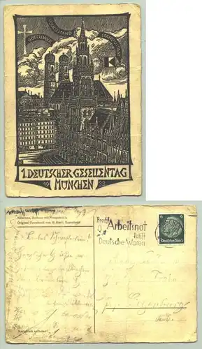 (1024289) Ansichtskarte. München. 1.Deutscher Gesellentag 1933. Postalisch gelaufen 1933. Sehr zerknitterte - zerknautschte Karte. Vermutlich aber nicht gerade häufig