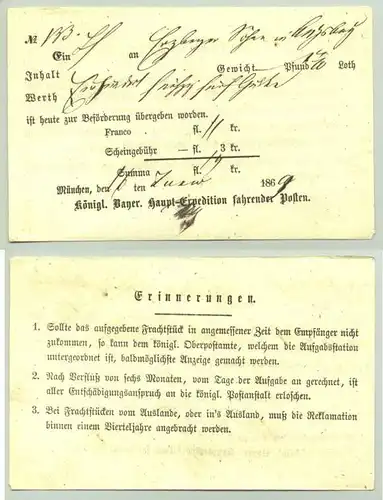 Postbeleg Muenchen 1869 (intern : 1024262)