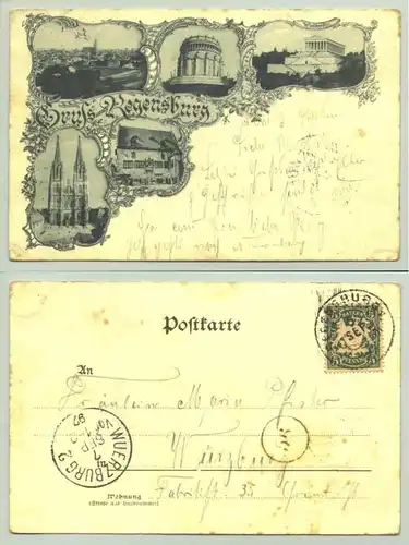 (93047-021) Ansichtskarte. "Gruss aus Regensburg". Beschrieben u. postalisch gelaufen mit Marke u. Stempel v. 1897