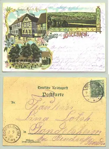 (60389-011)  Ansichtskarte. Gruss aus Seckbach. Mit Gasthaus z. Rad v. S. Kühn. Postalisch gelaufen 1901. PLZ 60389. 