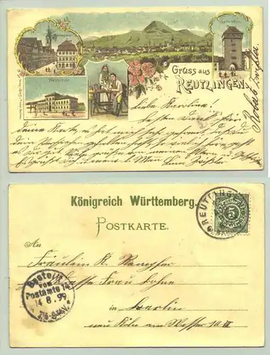 (72760-011) Ansichtskarte. "Gruss aus Reutlingen". Beschrieben u. postal. gelaufen mit Marke u. Stempel v. 1899