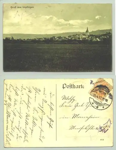 (97941-071) Ansichtskarte. "Gruss aus Impfingen". Beschrieben u. postalisch gelaufen mit Marke u. Stempel v. 1917. Tauberbischofsheim
