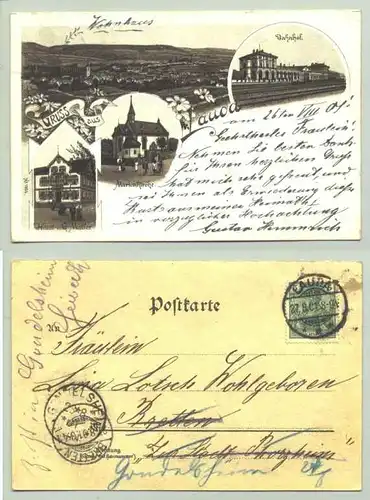 (97922-011) Ansichtskarte. 1901. Gruss aus Lauda. Bahnhof, u. a