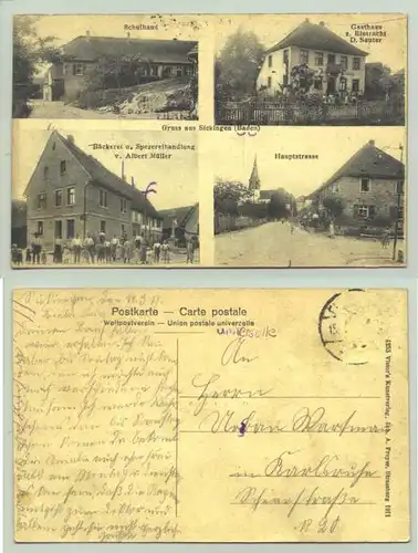 (72379-011) Ansichtskarte. "Gruss aus Sickingen (Baden)". Schulhaus, Gasthaus
