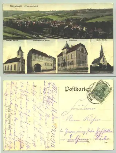 (74909-011) Ansichtskarte. "Mönchzell". Beschrieben u. postalisch gelaufen mit Marke u. Stempel v. 1912