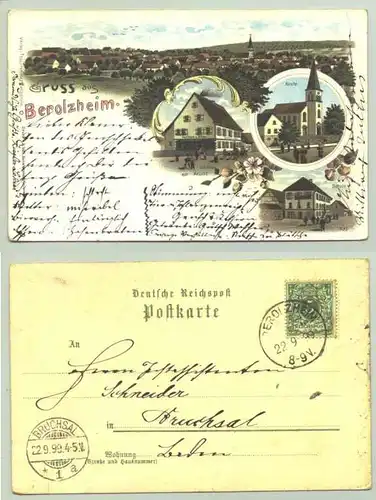(74744-011) Ansichtskarte. "Gruss aus Berolzheim". Beschrieben u. postalisch gelaufen mit Marke u. Stempel v. 1899