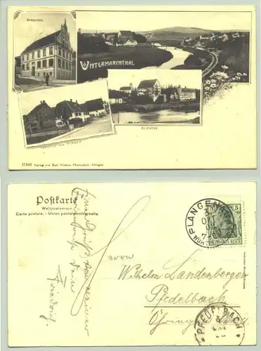 (89617-011) Ansichtskarte. "Untermarchthal" 4 kl. Abb. in Zierrahmen (Total m. Fluss u. Bahnstrecke, Kloster, Schulhaus, Gasth. z. Hirsch)