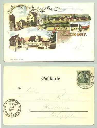 (72141-011) Ansichtskarte. Gruss aus Walddorf. Beschrieben und postalisch gelaufen mit Marke u. Stempel von 1903
