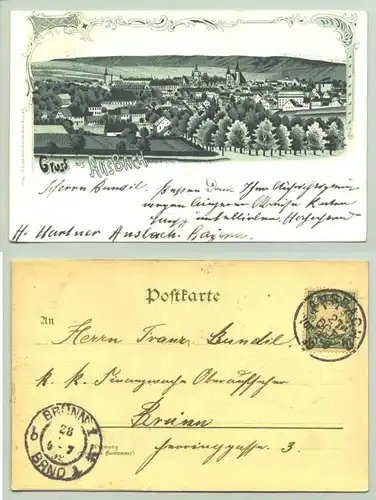 (91522-011 ) Ansichtskarte. "Gruss aus Ansbach". Herrliche gezeichnete dkl.-gruene Gesamtansicht