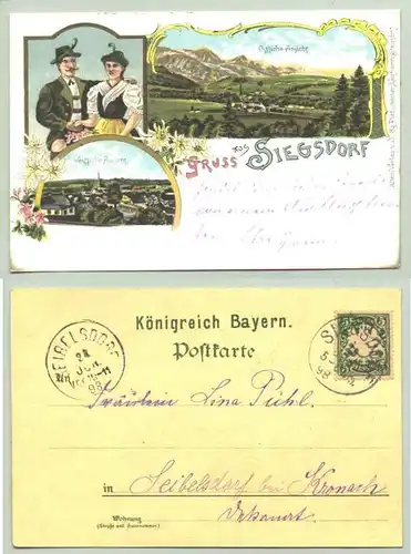 (83313-011) Ansichtskarte. 1898. Gruss aus Siegsdorf 3 Abb. in Zierrahmen (Paerchen in Tracht, westl. Ansicht, oestl. Ansicht)