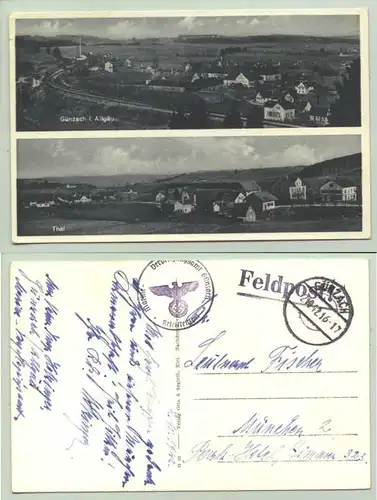 (87634-011) Ansichtskarte. Oben "Günzach i. Allgäu" (mit Bahnlinie), unten "Thal"