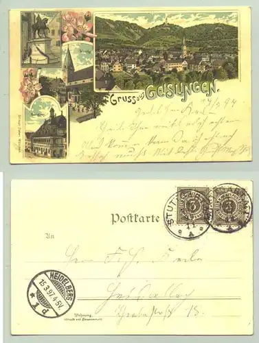 (73312-011) Ansichtskarte. Gruss aus Geislingen. Beschrieben u. postalisch gelaufen mit Marke u. Stempel von 1897